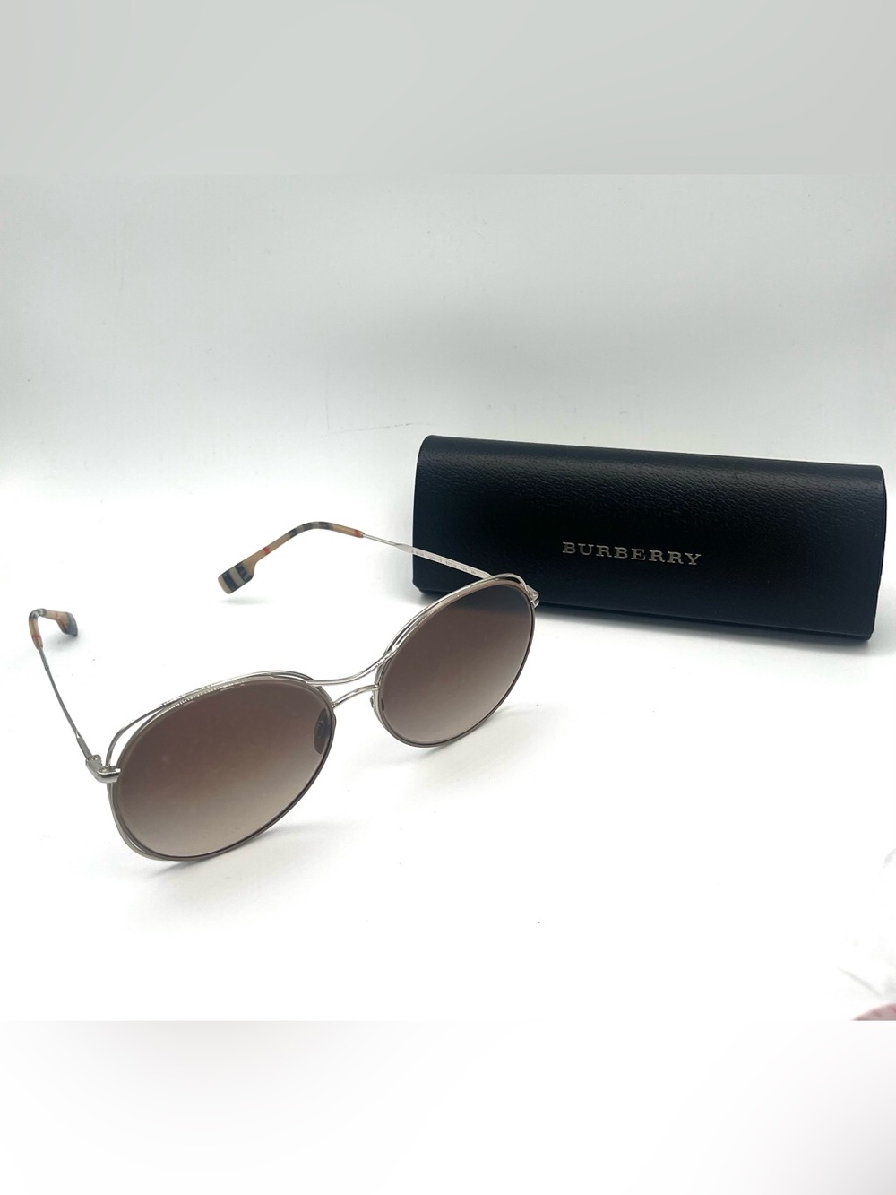 Burberry Aviator Frame Nova Check and Platinum Tone Sunglasses Gradient Lenses